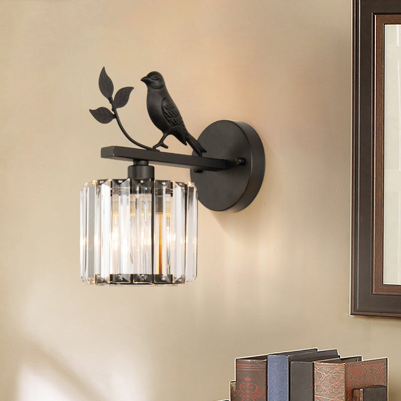 Contemporary Wall Sconce With K9 Crystal Cylinder Bird Accent And Black/Gold Finish Black