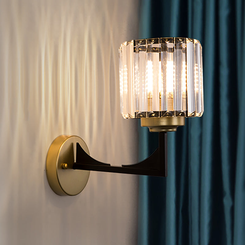 Modern Crystal Wall Lamp In Brass With Angle-Armed Lighting & Clear Cylindrical Shade