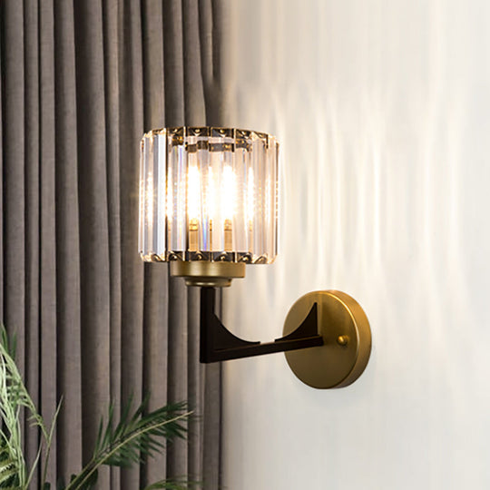 Modern Crystal Wall Lamp In Brass With Angle-Armed Lighting & Clear Cylindrical Shade
