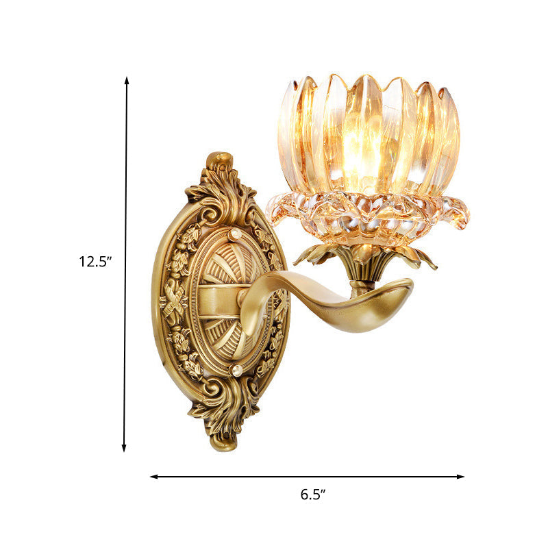 Vintage Brass Wall Sconce With Crystal Flower Shade For Elegant Living Room Lighting