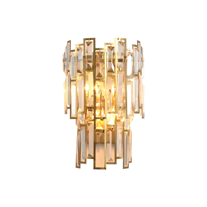 Modern Crystal Block Wall Light With Golden Metal Frame - Flush Mount Sconce Lighting (2 Bulbs)