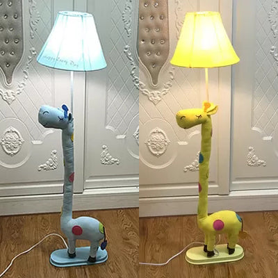 Giraffe Shaped Fabric Floor Lamp For Bedroom - Animal Design With Tapered Shade And 1 Light