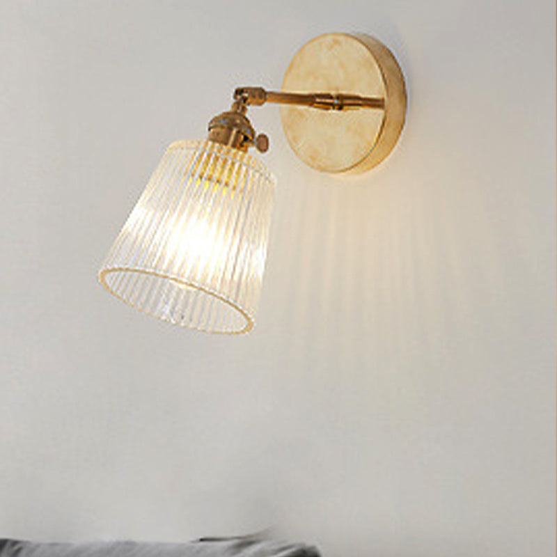 Clear Ribbed Glass Wall Sconce Light - Industrial Brass Cone Fixture For Living Room Lighting 1