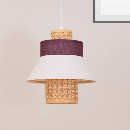 Contemporary Hanging Light Kit with Fabric Shade - Green/Purple/Light Purple Cylinder Suspension Pendant
