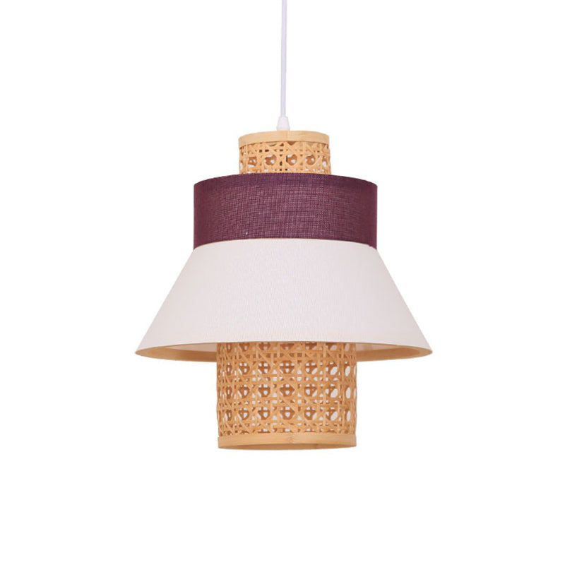 Contemporary Hanging Light Kit - 1-Bulb Suspension Pendant In Green/Purple/Light Purple With Fabric