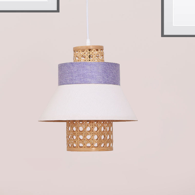 Contemporary Hanging Light Kit with Fabric Shade - Green/Purple/Light Purple Cylinder Suspension Pendant