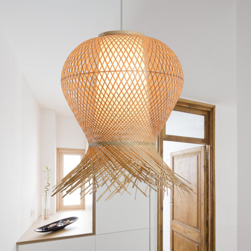 Woven Pendant Bamboo Hanging Lamp Kit - Traditional Design Beige Shade 1 Bulb Multiple Width Options