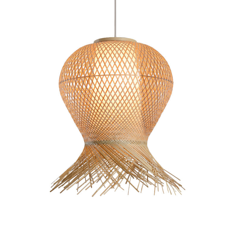 Woven Pendant Bamboo Hanging Lamp Kit - Traditional Design Beige Shade 1 Bulb Multiple Width Options