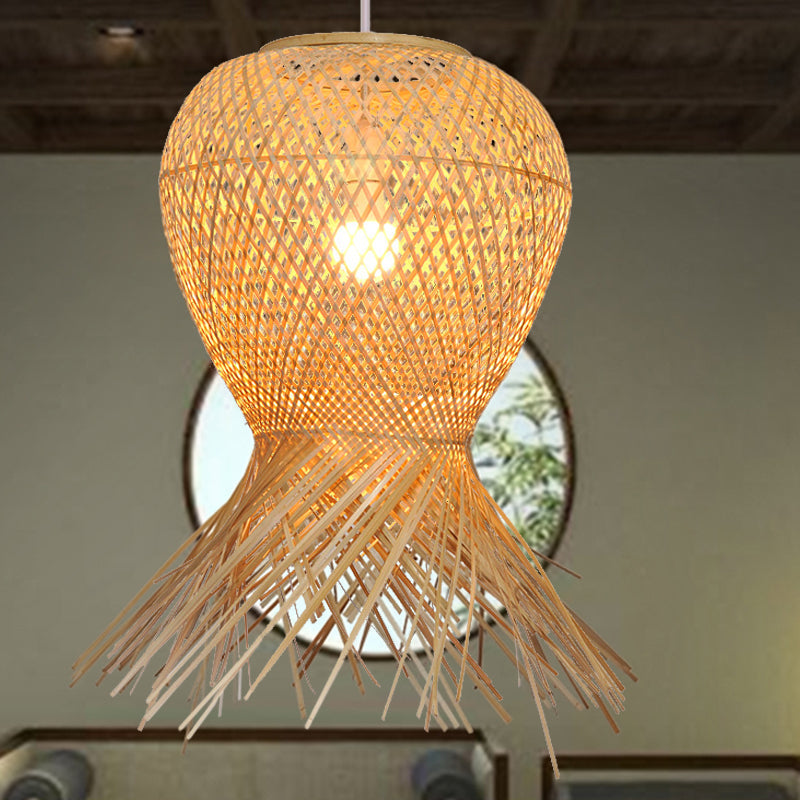 Modern Handcrafted Bamboo Pendant Light In Beige - 1 Bulb Hanging Fixture