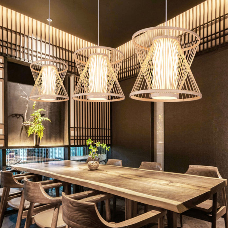 Contemporary Bamboo Cone Suspension Pendant Light Kit For Restaurants - 1 Bulb Wood Hanging Sizes: