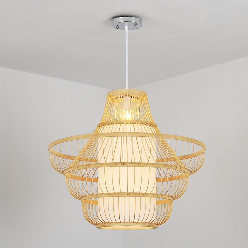 16/19.5 Wide Bamboo Jar Suspension Pendant - Modernist 1 Bulb Wood Hanging Light Kit / 19.5