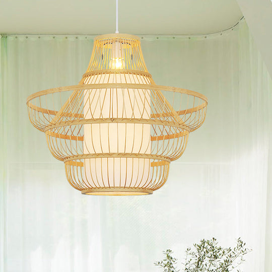 16/19.5 Wide Bamboo Jar Suspension Pendant - Modernist 1 Bulb Wood Hanging Light Kit / 16