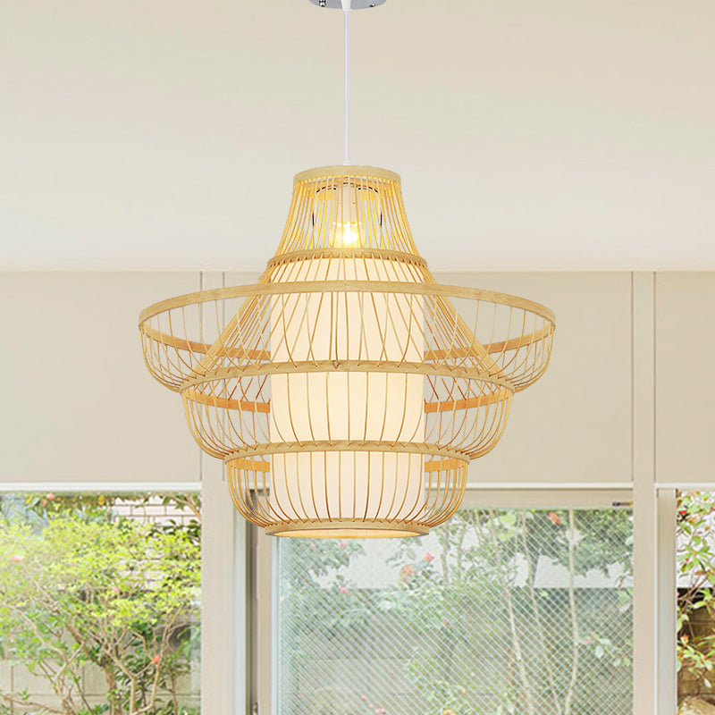 Modernist Bamboo Pendant Light Kit - 16"/19.5" Wide - 1 Bulb - Wood and Jar Suspension