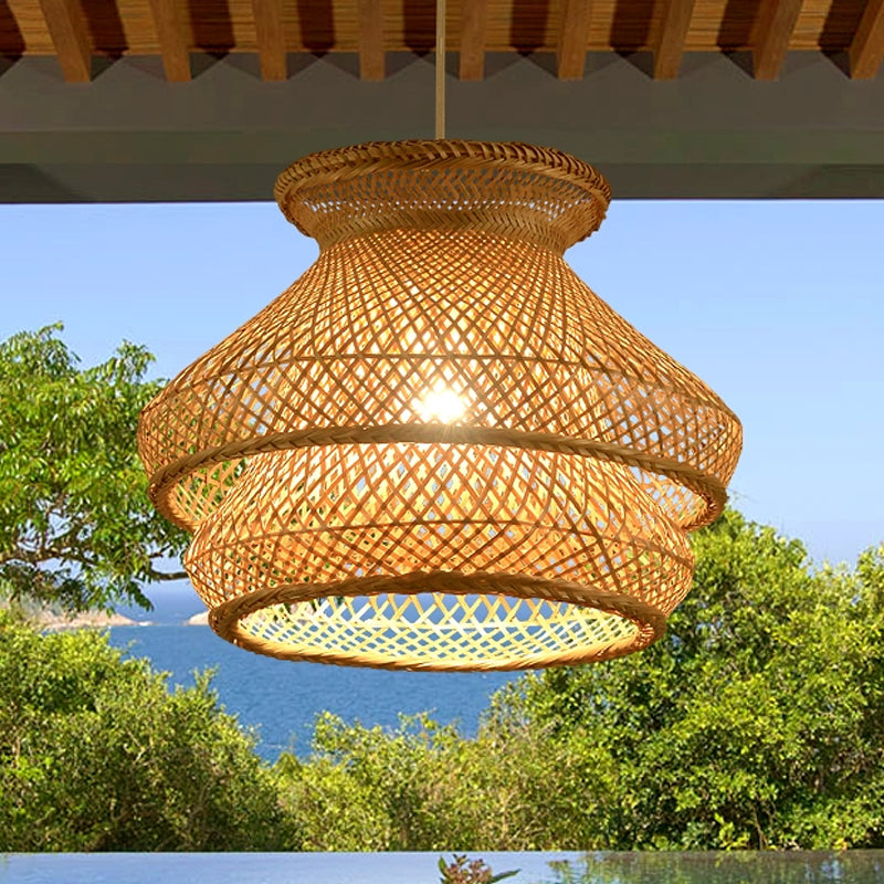 Retro 2-Tier Wood Hanging Ceiling Light with Bamboo Shade - 1 Bulb Suspension Lighting