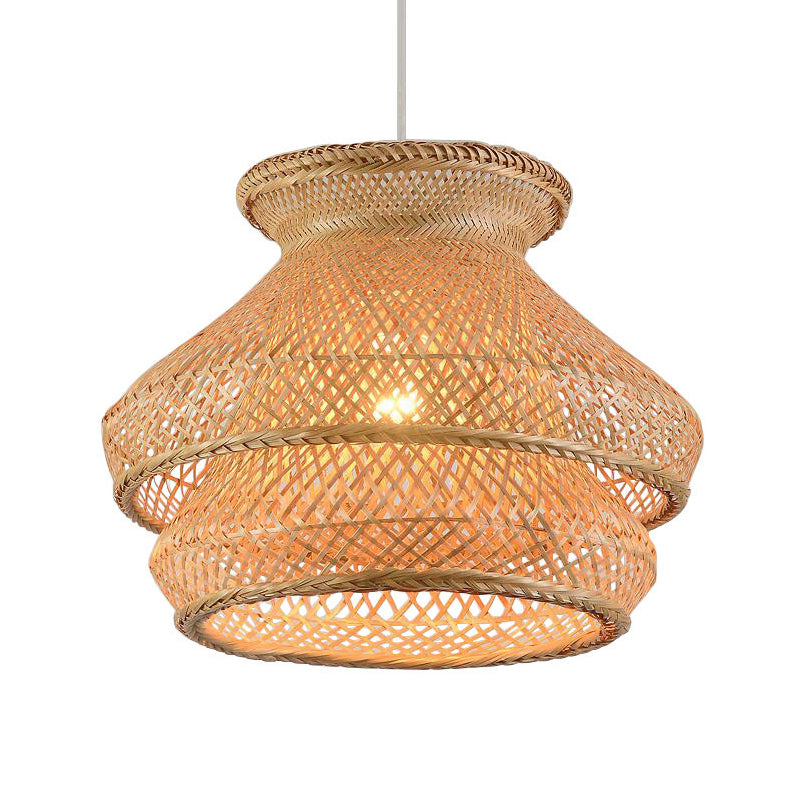 Retro 2-Tier Wood Hanging Ceiling Light with Bamboo Shade - 1 Bulb Suspension Lighting
