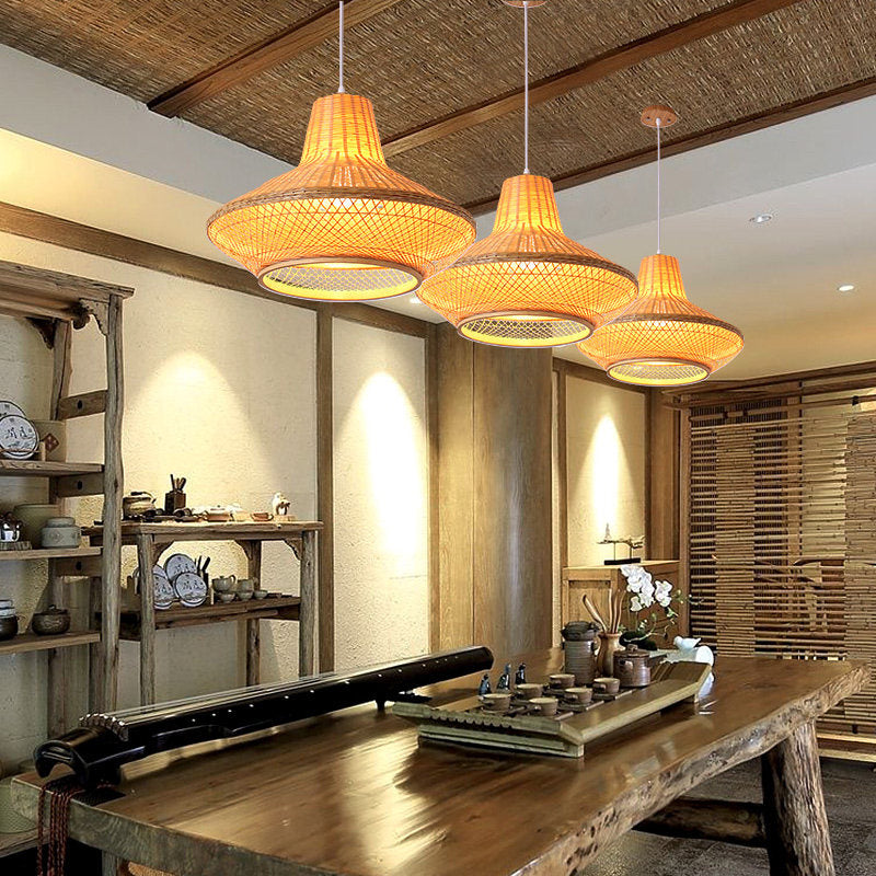 Contemporary Wood Teahouse Pendant Light With Bamboo Shade