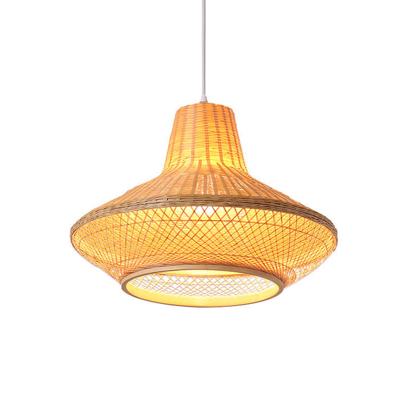 Contemporary Wood Teahouse Pendant Light With Bamboo Shade