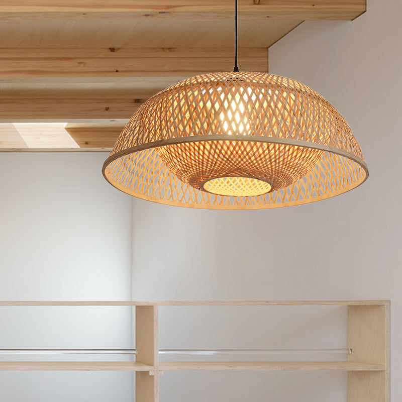 Bamboo Dome Pendant Light Fixture Kit - 1 Bulb Wood Hanging Lamp 18/23.5 Wide / 18