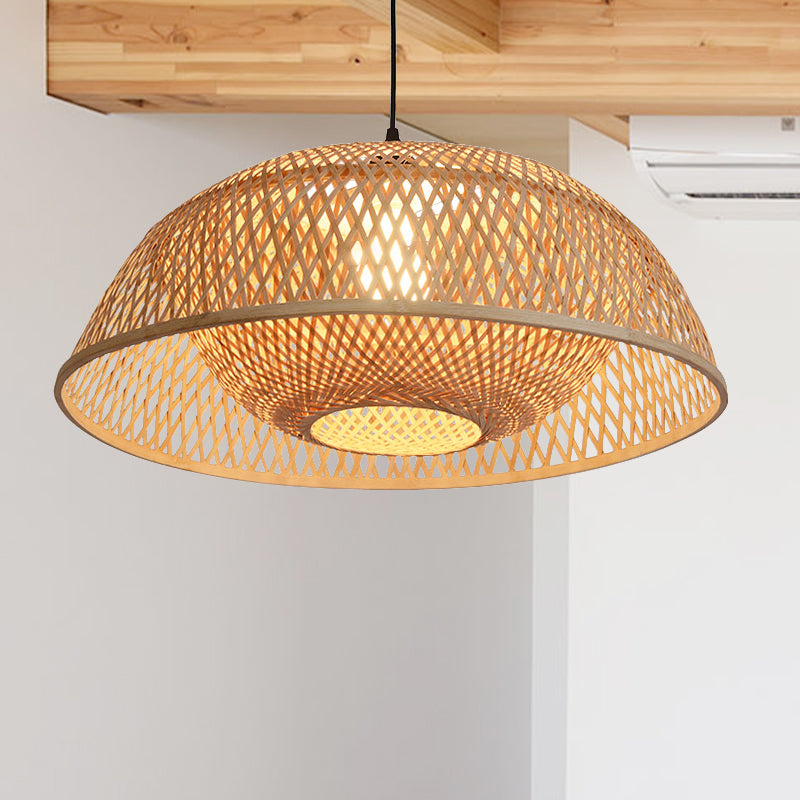 Bamboo Dome Pendant Light Fixture Kit - 1 Bulb Wood Hanging Lamp 18/23.5 Wide