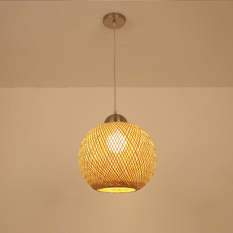 Contemporary Bamboo Globe Pendant Light Kit - Wood Hanging 12/14 Wide / 12