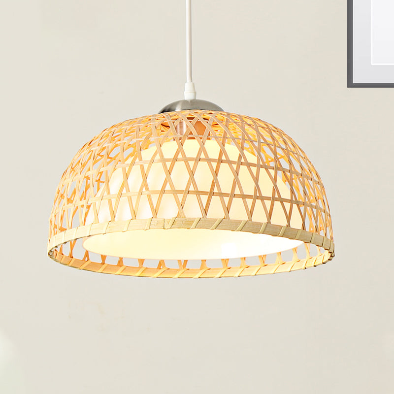 Contemporary Bamboo Dome Pendant Light Fixture For Dining Room - 1 Bulb Hanging Wood Lighting