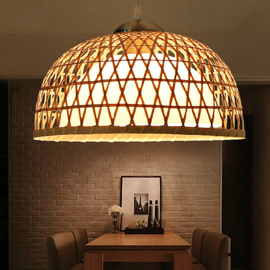 Contemporary Bamboo Dome Pendant Light Fixture For Dining Room - 1 Bulb Hanging Wood Lighting