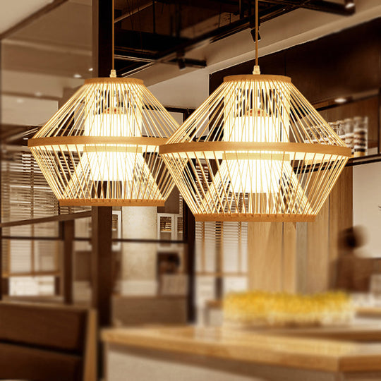 Traditional Bamboo Pendant Lighting: Tapered Bulb Jar-Shaped Hanging Light Fixture In Wood