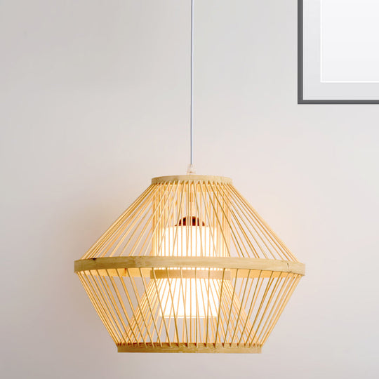 Traditional Bamboo Pendant Lighting: Tapered Bulb Jar-Shaped Hanging Light Fixture In Wood