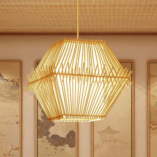 Traditional Bamboo Pendant Lighting: Tapered Bulb Jar-Shaped Hanging Light Fixture In Wood