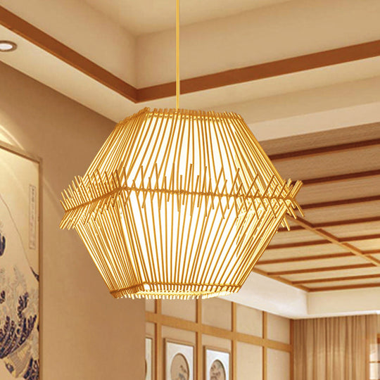 Traditional Bamboo Pendant Lighting: Tapered Bulb Jar-Shaped Hanging Light Fixture In Wood