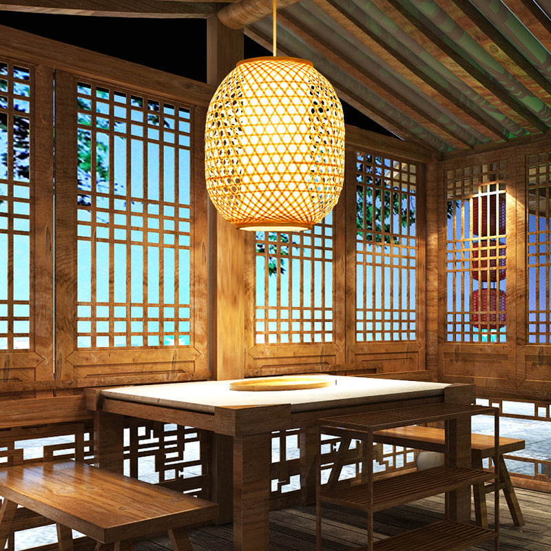 Bamboo Lantern Suspension Pendant: Retro Wood Hanging Light Kit With Fabric Shade
