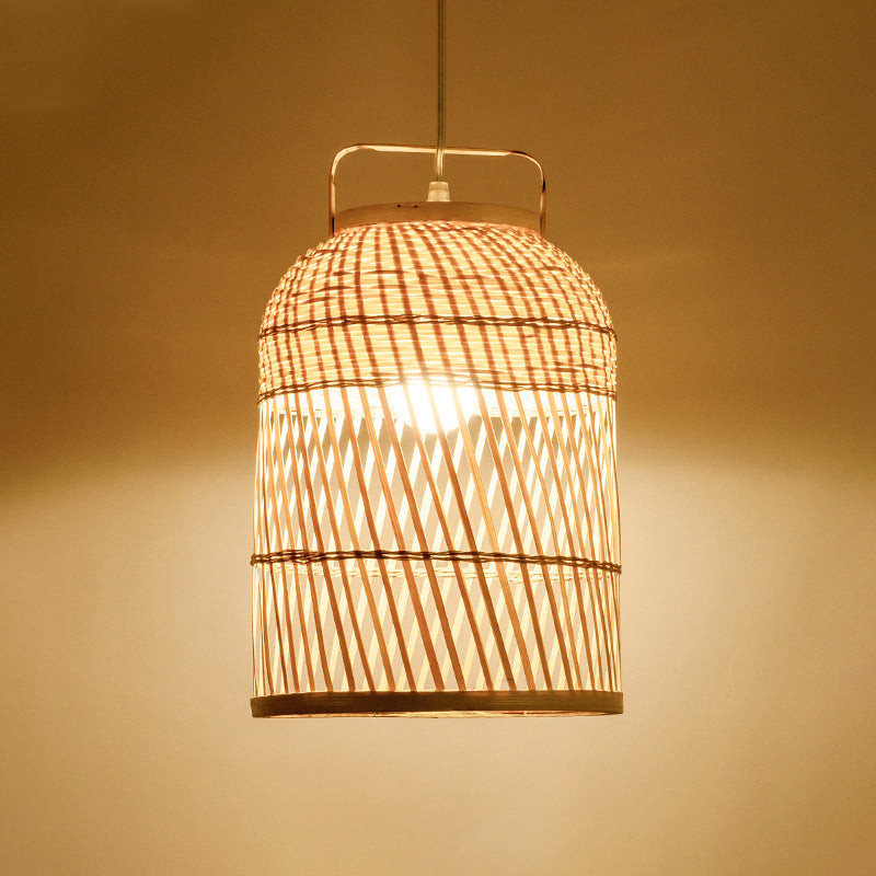 Rustic Bamboo Bird Cage Pendant Lamp With Handle - 1-Bulb Ceiling Hanging Light Wood
