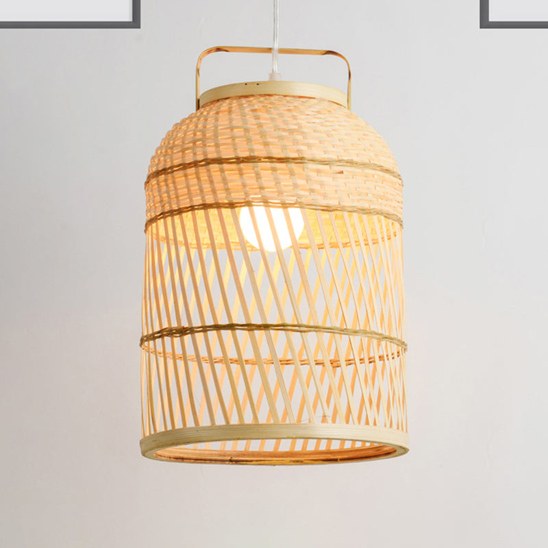 Rustic Bamboo Bird Cage Pendant Lamp With Handle - 1-Bulb Ceiling Hanging Light