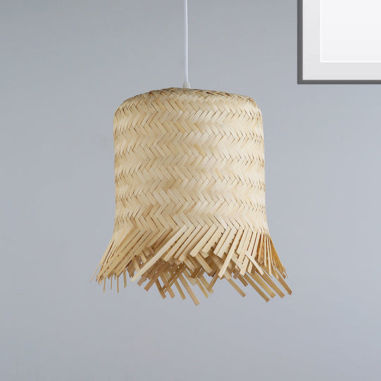 Bamboo Cylinder Pendant Light Kit - Contemporary Wood Hanging 8/10 Wide Suspended Lamp