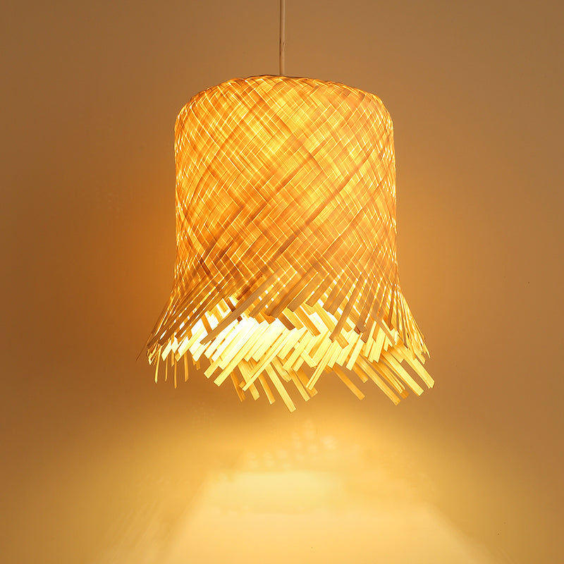 Bamboo Cylinder Pendant Light Kit - Contemporary Wood Hanging 8/10 Wide Suspended Lamp