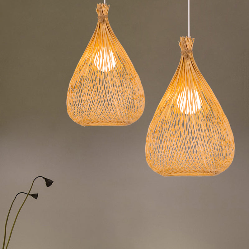 Modern Asian Bamboo Shade Pendant Ceiling Light With Wood Teardrop Design