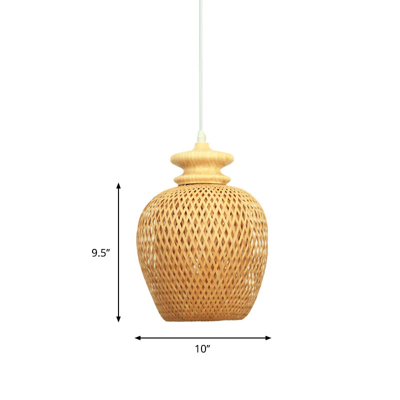Bamboo Urn Suspension Light: Traditional Wood Ceiling Fixture For 1 Bulb