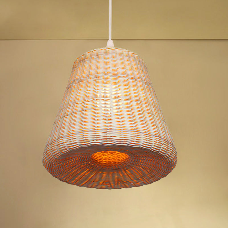 Wood Cone Pendant Lamp With Bamboo Shade - Traditional 1 Bulb Hanging Light Fixture