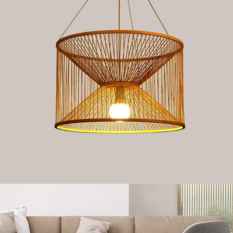 Rustic Bamboo Hourglass Pendant Lamp With Wood Accent - Ideal For Living Room Ceiling Lighting