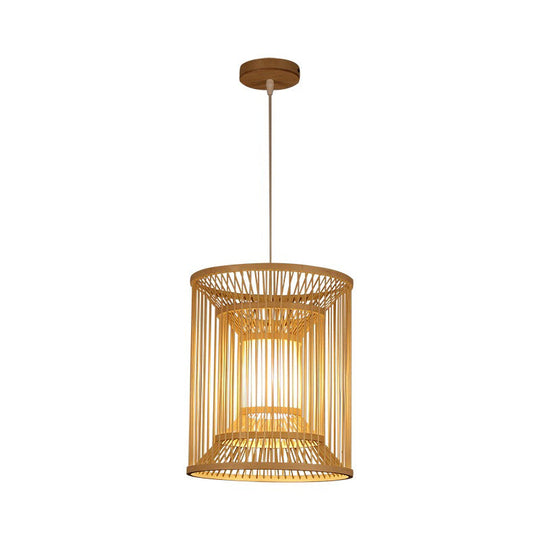 Bamboo Cylindrical Pendant Light - Wood Hanging Lamp Kit For Tearoom
