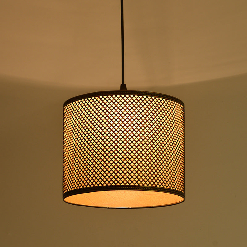 Modernist Metal Cylinder Ceiling Light With 1 Bulb: Bronze Pendant Fixture & Beige Parchment Shade /