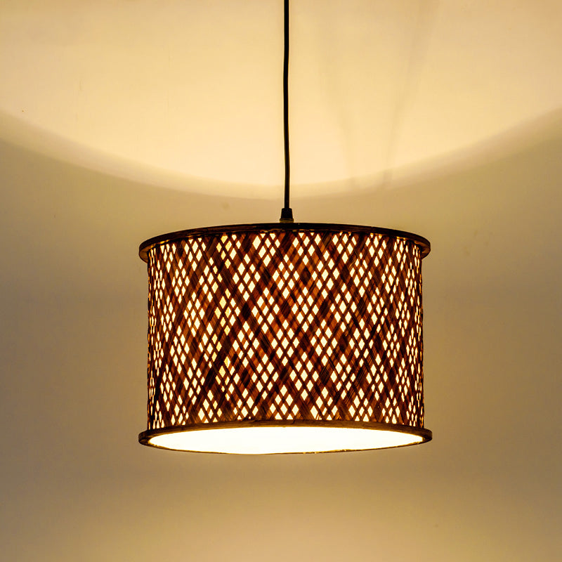 Contemporary Dark Brown Bamboo Pendant Light Kit - Woven Suspension 1 Bulb