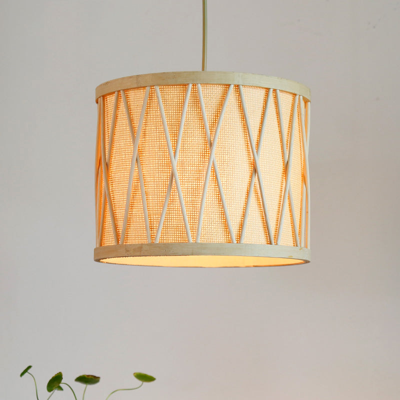 Modern Bamboo Drum Ceiling Lamp In Beige For Living Room - 1 Bulb Pendant Light