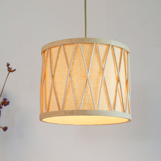 Modern Bamboo Drum Ceiling Lamp In Beige For Living Room - 1 Bulb Pendant Light