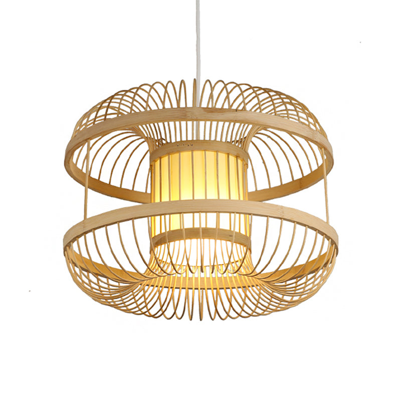 Round Bamboo Pendant Light Fixture With Cylinder Parchment Shade - Modern Wood Design 1 Bulb Hanging
