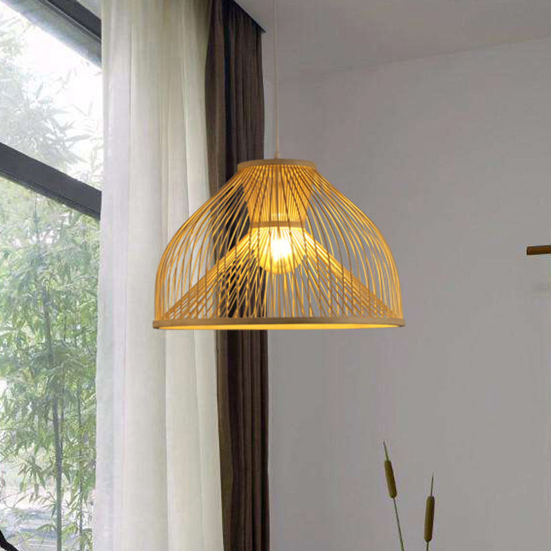 Contemporary Bamboo Dome Suspension Pendant Light - Wood 1-Head Ceiling Hanging Lamp