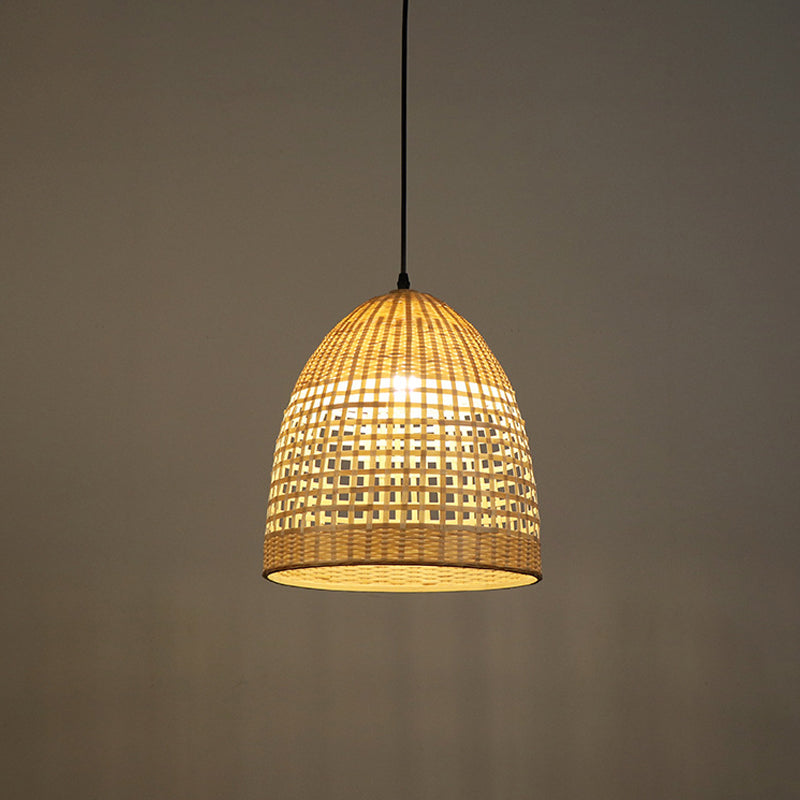 Bamboo Bell Pendant Light Rustic Wood Hanging Lamp For Restaurants