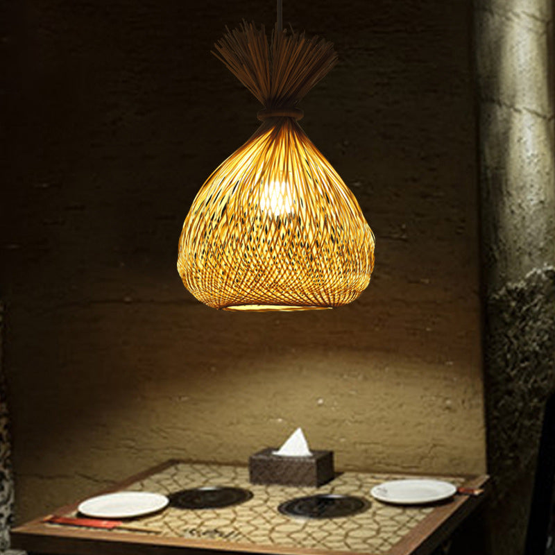 Handwoven Bamboo Shade Pendant Light With Asian Wood Fixture For Restaurants
