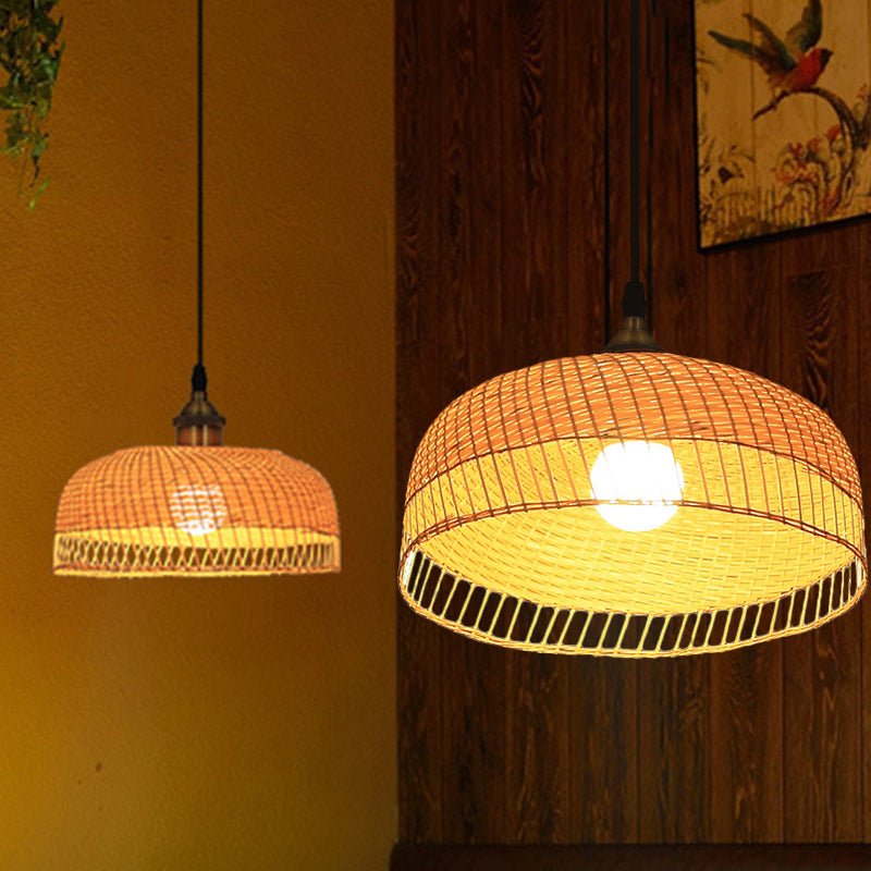 Contemporary Bamboo Wood Dome Pendant Light With Suspension - 1 Bulb Hanging Fixture