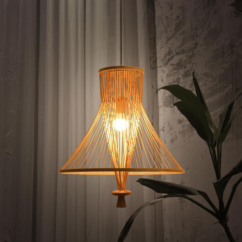 Retro Bamboo Cone Pendant Light Kit - Wood Suspension Lamp For Guesthouse